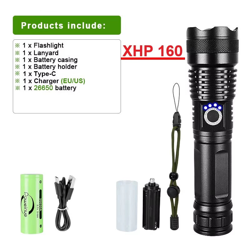 High Power LED Flashlight XHP160 Super Bright USB Rechargeable Torch 26650 Zoom Powerful Flash Lights Camping Tactical Lanterns