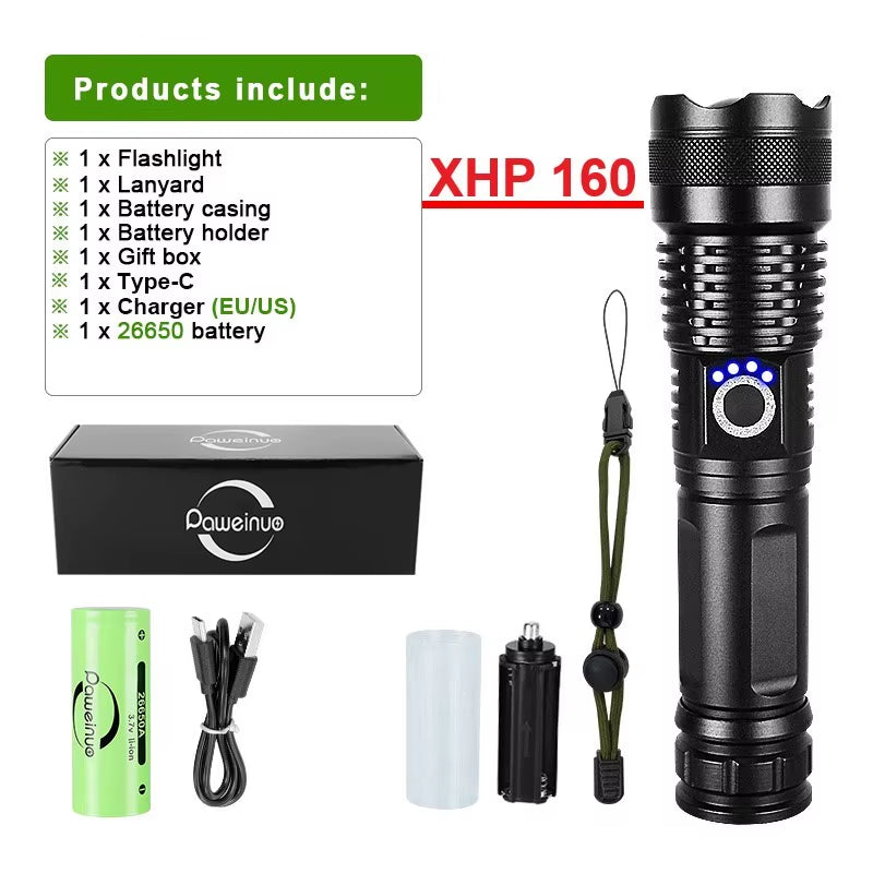 High Power LED Flashlight XHP160 Super Bright USB Rechargeable Torch 26650 Zoom Powerful Flash Lights Camping Tactical Lanterns