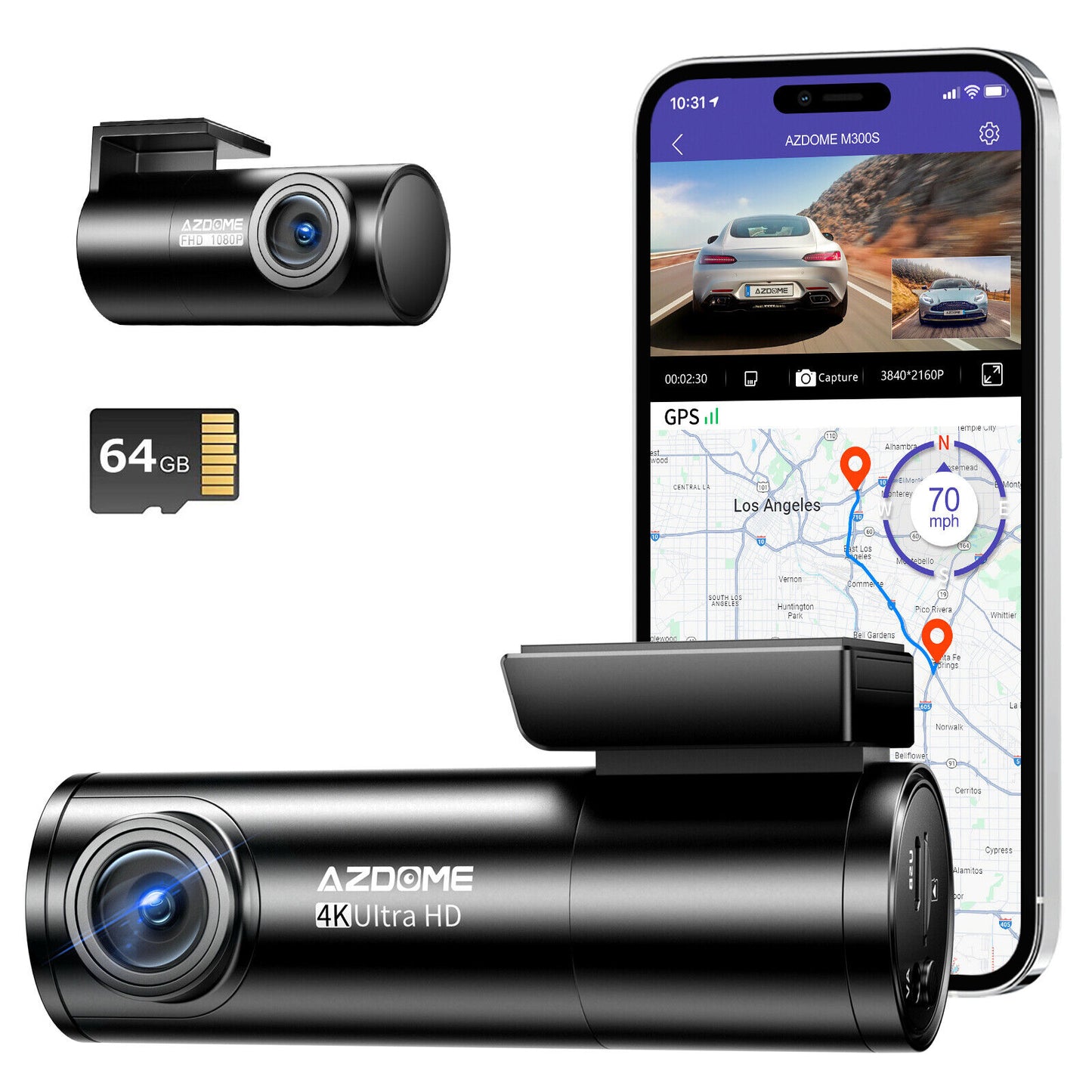 AZDOME 4K UHD Dual GPS Dash Cam Front+Rear Car DVR Recorder Camera Night Vision