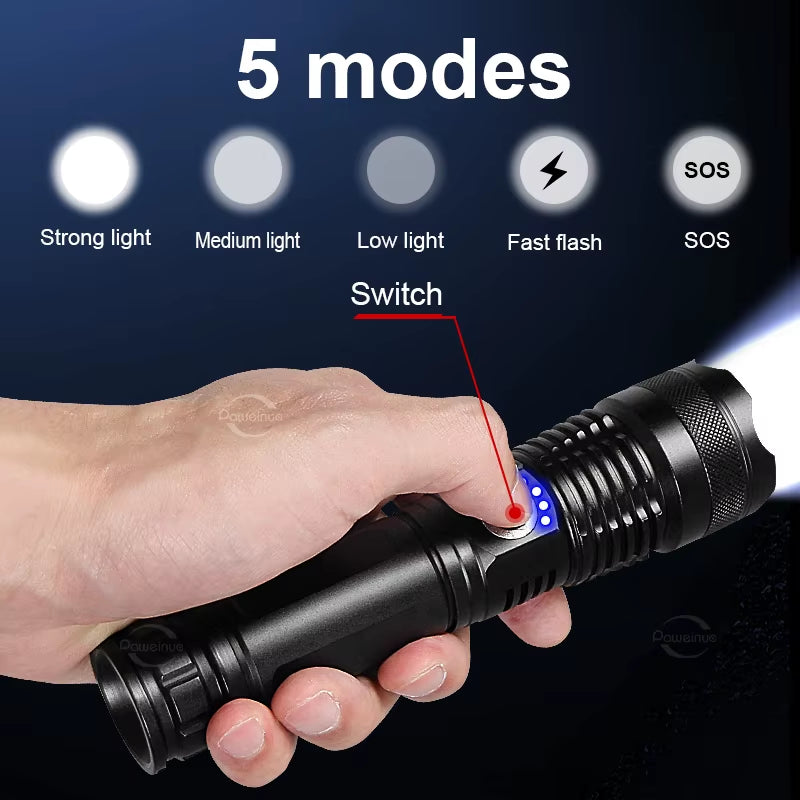 High Power LED Flashlight XHP160 Super Bright USB Rechargeable Torch 26650 Zoom Powerful Flash Lights Camping Tactical Lanterns