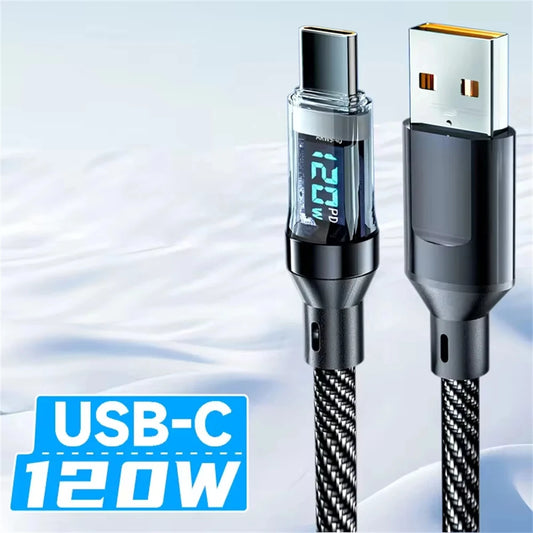 New 120W LED Digital Display Quick Charge USB Type C Cable for OPPO VIVO Huawei Fast Charging Data Cord