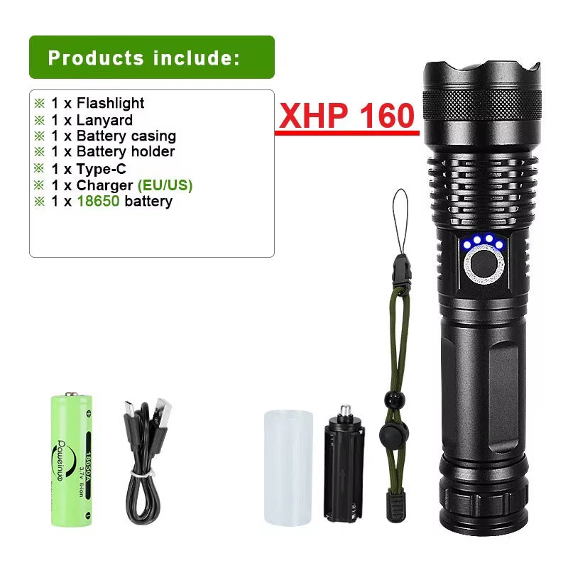 High Power LED Flashlight XHP160 Super Bright USB Rechargeable Torch 26650 Zoom Powerful Flash Lights Camping Tactical Lanterns