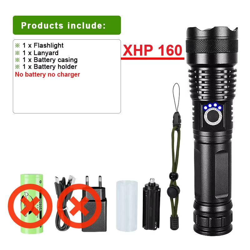 High Power LED Flashlight XHP160 Super Bright USB Rechargeable Torch 26650 Zoom Powerful Flash Lights Camping Tactical Lanterns