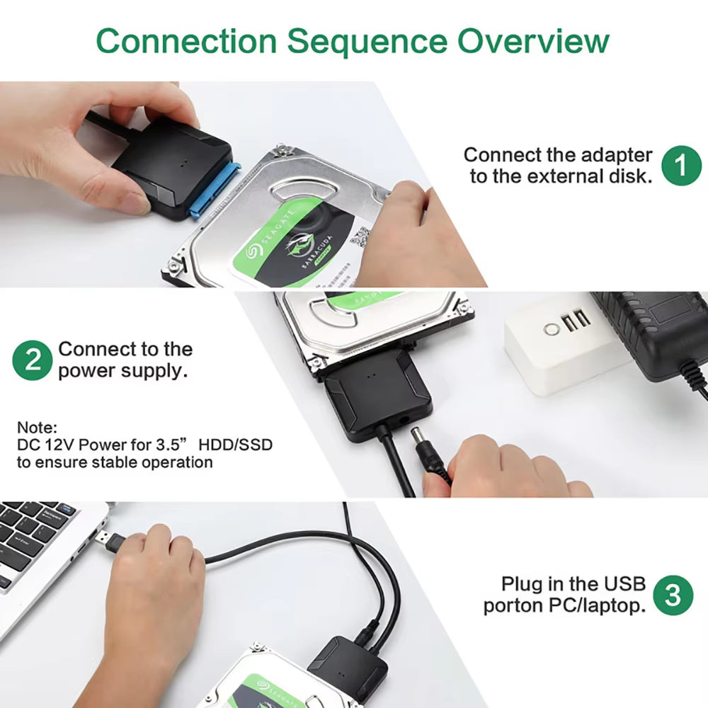 SATA to USB 3.0 Adapter Cable for 3.5/2.5 Inch SSD HDD SATA III Hard Drive Disk Converter Support UASP with 12V Power Adapter